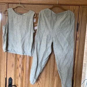 Eileen Fisher Two Piece Beige Linen Pant/Top Set